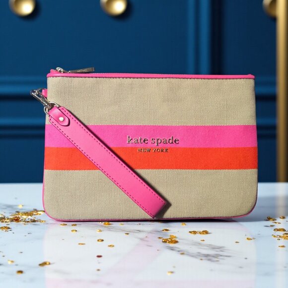 Kate Spade Colorblock Pink Canvas Wristlet Pouch with Card Slots Cosmetic Bag - Picture 1 of 14